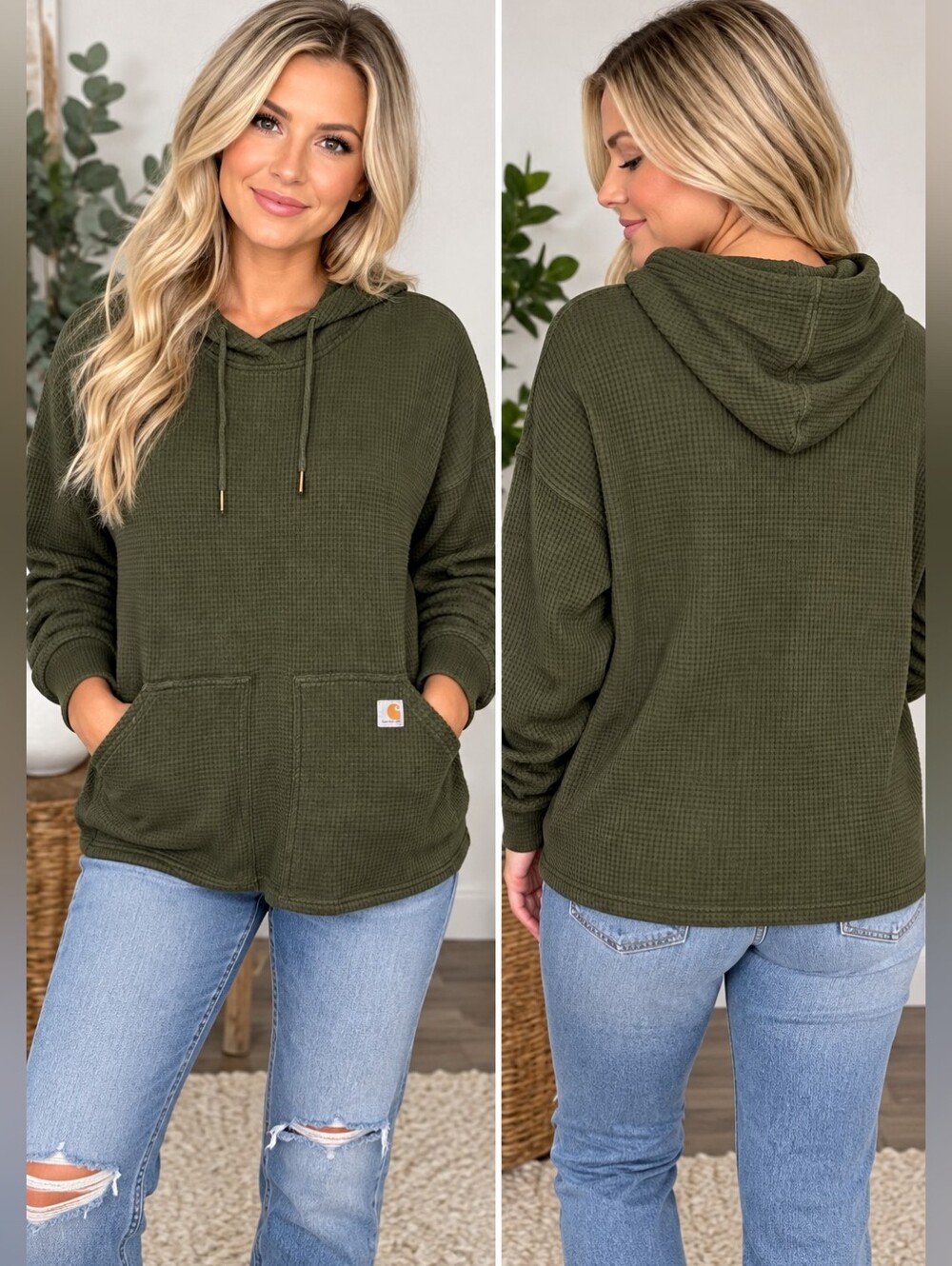 Carhartt Womens XL Green Thermal Hoodie Waffle Knit Relaxed Fit Heavyweight
